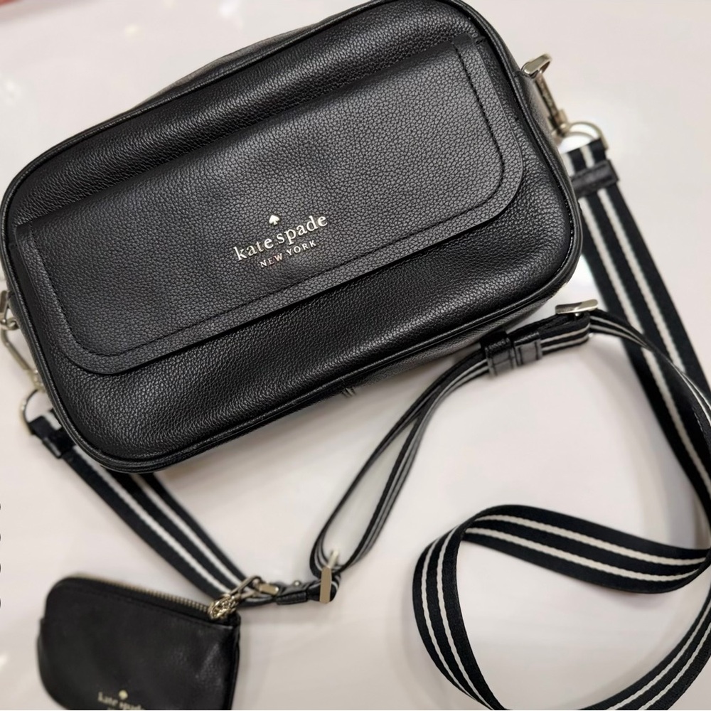 Kate Spade Black Leather Bag with Striped Strap
